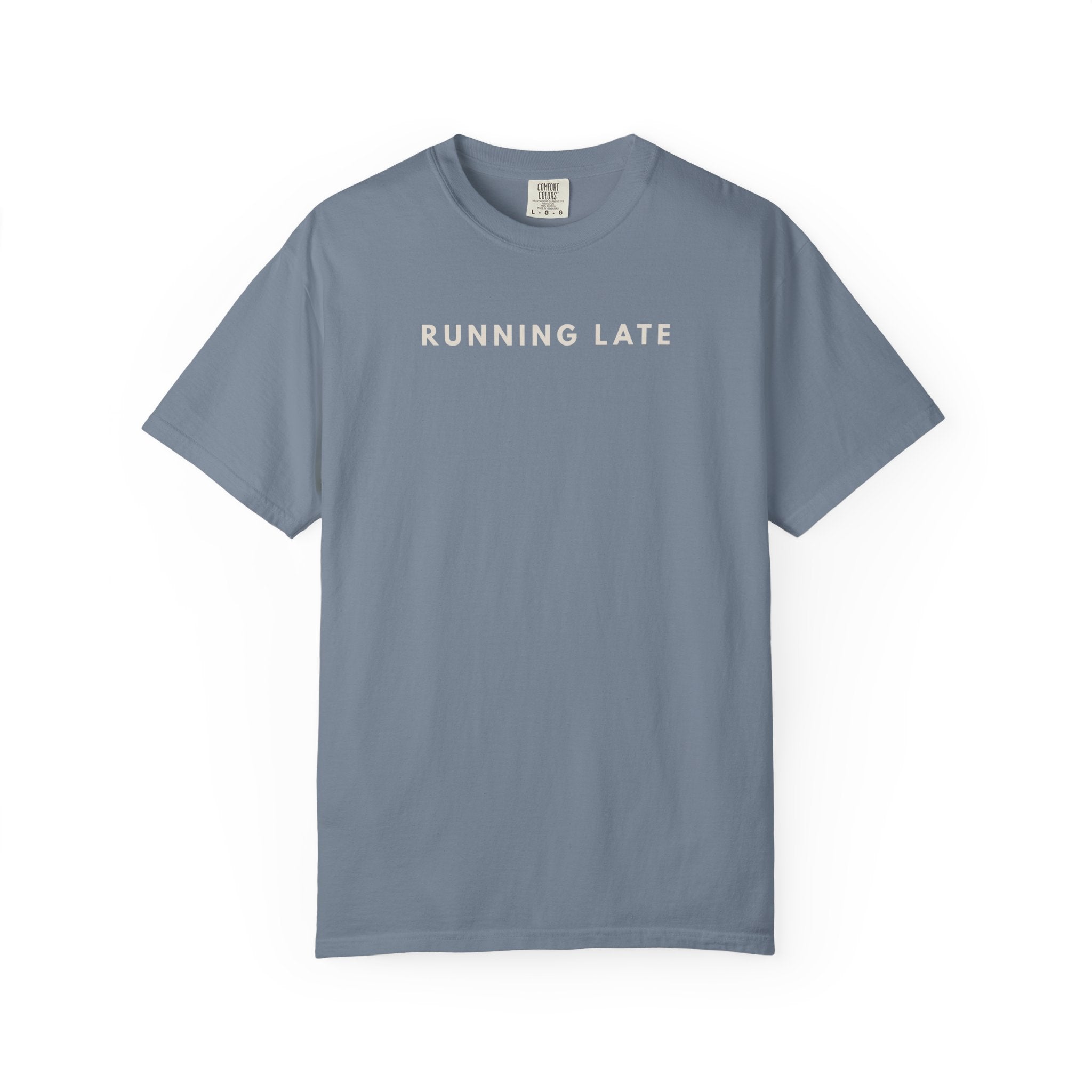 running late graphic tee in blue jean